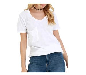 Camiseta Casual Personalizada para Mujer, Talla Grande, Corte Ajustado, Cuello en V, Rayas, Manga Corta, Tela Jersey Ecológica, con Decoración de Logotipo - Product Image 4