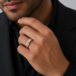 18K Rose Gold <b>Mens</b> Diamond Solitaire <b>Ring</b> Round Cut Two Tone Band Modern Geometric Design Luxury Fine Jewelry Wedding Party - Product Image 1
