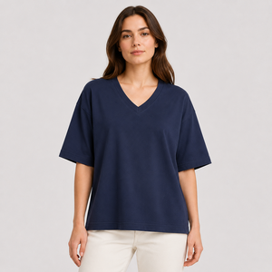 100% Cotton Custom Women's V-Neck Drop Shoulder Regular Fit Short Sleeve Casual Breathable T-Shirt - Product Image 3