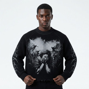 Custom Unisex <b>Gothic</b> Graphic Knit Oversized Distressed Hem Crewneck Private Label Streetwear Manufacturer - Product Image 3