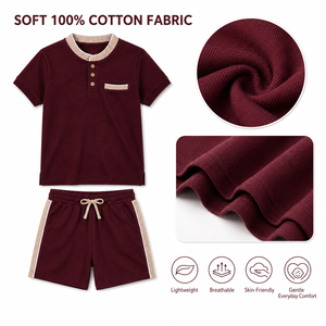 Ensemble T-shirt et short en coton tricoté marron pour homme, col Henley, tenue décontractée d'été, couleur unie, manches longues, avec poche - Product Image 5