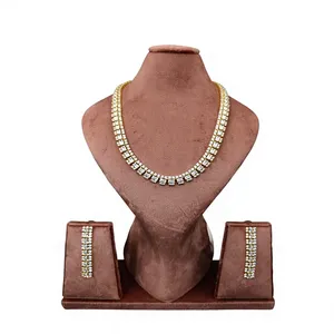 Luxury Brass Gold Plated Double Row Zircon Choker Necklace Elegant Square Cut <b>Crystal</b> Bridal Jewelry <b>Set</b> For Women - Product Image 2