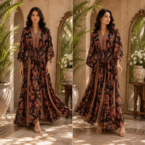 Designer Silk Maxi Gown Free Size Ibiza Black Paisley Print Hand Painted| Bohemian <b>Kaftan</b> <b>Dress</b> for Vacation and Holiday Wear - Product Image 4
