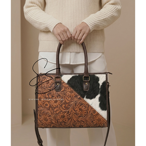 Genuine Leather Hair On Cowhide Tote Bag Tooled Leather Handbag Women Shoulder Bag Crossbody <b>Purse</b> Handmade Leather Office Bag - Product Image 4