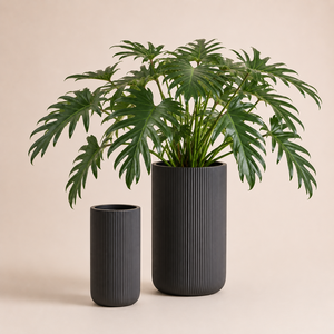 Juego de macetas decorativas redondas y altas con diseño acanalado para balcones, terrazas, jardines y exteriores, 2 tamaños, 2 piezas grandes para plantas - Product Image 1
