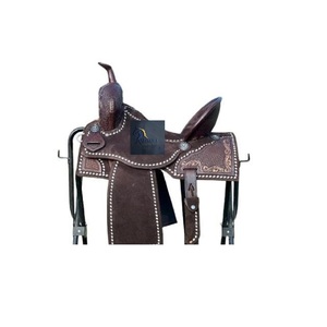 Silla de montar western de cuero rugoso marrón para carreras de barriles, con asiento rígido de cuero crudo con diseño de cesta ondulada y floral tallado a mano, de 10 a 18 pulgadas - Product Image 2