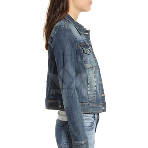 Women's Washed Blue Cotton Knitted Breathable <b>Denim</b> Trucker <b>Jacket</b> Button Front Turn Collar Long Sleeve Casual Spring Jean - Product Image 3