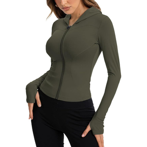 Chaqueta de yoga con cremallera para mujer, cuello alto, manga larga, orificios para los pulgares, nailon, spandex, ligera, transpirable, para entrenamiento - Product Image 1
