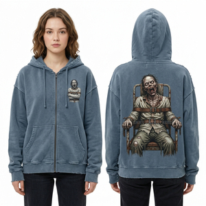 Sweat à capuche zippé bleu ardoise pour femme, effet vieilli, lavage vintage, motif artistique sur le thème de la santé mentale, fabricant de vêtements personnalisés - Product Image 1