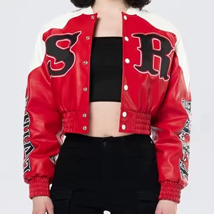 Ladies Embroidered Varsity Leather Jacket Wool Body Genuine Leather OEM ODM Factory Sample Service Available New - Product Image 4