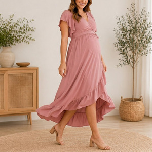 Robe de maternité à col en V et manches à volants, longueur genou, coupe ample, respirante, couleur unie rose, style A-line, pour femme, printemps - Product Image 3