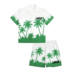 Ensemble chemise et short hawaïen 2 pièces pour homme, imprimé palmiers, coton, décontracté, respirant, logo personnalisé sur le devant - Product Image 1