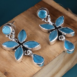 Wholesale Oxidized <b>Silver</b> Brass Blue Cat Eye Stone <b>Dangle</b> <b>Earring</b> for Women | Boho Floral Drop <b>Earrings</b> | Fashion Jewelry Supply - Product Image 5