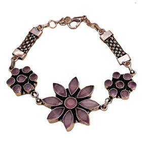 Bracelet ethnique en laiton oxydé et argent vieilli, orné de perles et de fleurs, avec pierre précieuse quartz rose, pour femme, idéal pour un anniversaire, style Rajasthan - Product Image 1