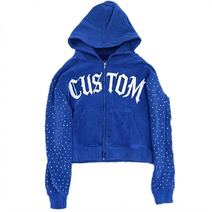 Mens Cropped <b>Zip</b> <b>Up</b> Hoodie Rhinestone Hooded Sweatshirt Distressed Streetwear Cotton Fleece Long Sleeve <b>Jacket</b> - Product Image 1