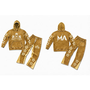 Gold Acid Wash Hooded Tracksuit Set With <b>White</b> Stars And 350 gsm Full Length Drawstring Pants 100% Cotton Streetwear - Product Image 3