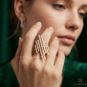 Luxury 9K 10K 14K 18K Yellow Gold IGI Certified Diamond Vertical Bar <b>Ring</b> for Women Geometric Pavé Diamond <b>Statement</b> <b>Ring</b> - Product Image 5