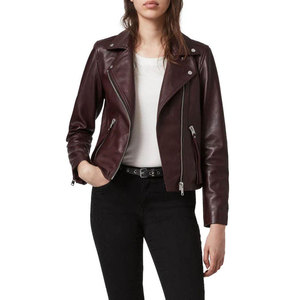 Chaqueta de Motociclista de Cuero Genuino para Mujer, Color Borgoña, Cierre de Cremallera, Manga Larga, Estilo Moto, Ropa de Abrigo para Otoño - Product Image 1