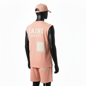 ชุดเสื้อยืดแขนกุดและกางเกงขาสั้นผู้ชาย ผ้าคอตตอนผสมเฟรนช์เทอร์รี่ ระบายอากาศได้ดี สีพีชล้วน รับสกรีนโลโก้ - Product Image 5