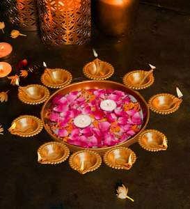Handcrafted Diya Shape Flower Urli Bowl for Home Decor Floating Flowers Tea Light Candles and Diwali Decoration Made in Metal - Product Image 1