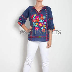 Stunning Aari Embroidered Bohemian V-neck Long Sleeve Blouse Top Beautiful Summer Floral Design Vibrant Colors Lace Decoration - Product Image 2