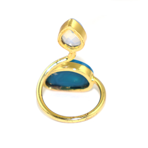 18K Gold Plated Brass Cocktail <b>Ring</b> With Natural Blue Agate Slice And Opalite Pear Stone Bohemian Style Unisex Jewelry Wholesale - Product Image 2