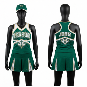 Uniforme de cheerleading de qualité supérieure 240 GSM 100% polyester vert blanc or avec logo personnalisé en strass, anti-UV, respirant, manches courtes - Product Image 1