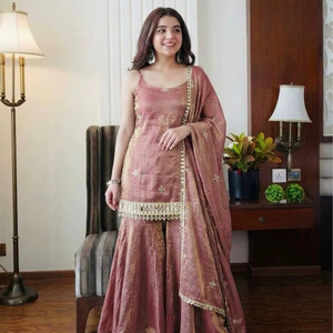 Designer <b>Silk</b> <b>Kurta</b> Sharara Set with Dupatta | Elegant Flared Sharara Suit for Women Festive Wedding Ethnic Wear (Brown & Teal) - Product Image 1