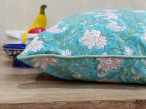 Real Hand Block Printed Pistachio Sky Blue Feuille Home 100% Cotton Slub Anti-Dust Mite Anti-Bacteria <b>Cushion</b> Cover Front <b>Back</b> - Product Image 3
