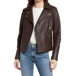 Chaqueta de Cuero Genuino para Mujer, Color Marrón Oscuro, Estilo Moto, Cierre Asimétrico, Corte Ajustado, Elegante, Chic, de Lujo, Estilo Biker, Ropa Urbana - Product Image 6