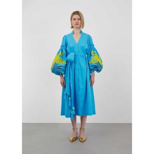 เดรสผ้าฝ้ายสีน้ำเงินสำหรับผู้หญิง แขนทรงบอลลูนปักลาย คอวี ผูกเอว พู่ห้อย สไตล์โบฮีเมียนลำลอง - Product Image 3