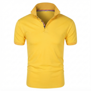 เสื้อเชิ้ตผู้ชายสีเหลืองแบบถักปักลายสั่งทำขายส่ง แขนสั้น สวมใส่สบาย ระบายอากาศได้ดี เหมาะสำหรับฤดูร้อน ทำจากผ้าฝ้าย ใช้ได้ทั้งในธุรกิจ กอล์ฟ และกีฬา - Product Image 1