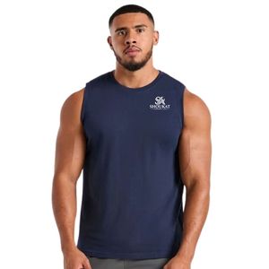 Mens <b>Navy</b> Blue Sleeveless Tank <b>Top</b> Crew Neck Gym Workout Shirt Athletic Fitness Training Sportswear Casual Activewear Running - Product Image 1