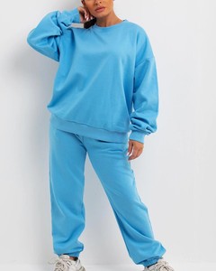 Conjunto Deportivo Azul Sólido para Mujer, Talla Grande, Cuello Redondo, Manga Larga, Corte Holgado, Informal, Pantalones Deportivos, Otoño, 100% Algodón, Peso Medio - Product Image 5