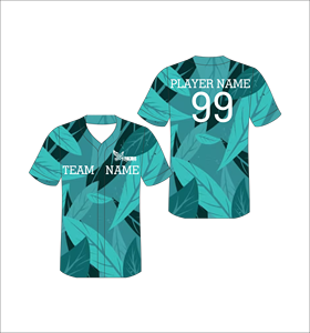 เสื้อเบสบอลแบบซับลิเมชั่นลายใบไม้สีเขียวอมฟ้า ติดกระดุมทั้งตัว ชุดทีม น้ำหนักเบา ระบายอากาศได้ดี ชุดกีฬา - Product Image 1