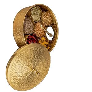 Luxury Hammared Brass Spice Container with <b>Floral</b> Engraved Cover and Spoon Elegant Kitchen Storage <b>Box</b> - Product Image 1
