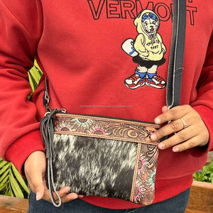 Custom Handcrafted Tooled Leather Cowhide <b>Mini</b> Shoulder & Crossbody Bags for Women with Tassel Pouch and Floral Design Handbags. - Product Image 3
