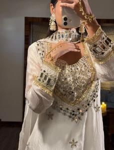 Young Exports White Embroidered Silk Indian Traditional Stitched Salwar Kameez Set Dupatta Mirror Work Women Ethnic Wear All - Product Image 2
