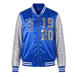 เสื้อแจ็คเก็ตเบสบอลปักเลื่อม Zeta Phi Beta สำหรับผู้หญิง สีน้ำเงินรอยัล ผ้าซาติน แขนเสื้อปักเลื่อมสีเงิน ลายตราสัญลักษณ์ปี 1920 แบบซิป  เสื้อคลุมสตรีนักกีฬามหาวิทยาลัย - Product Image 1