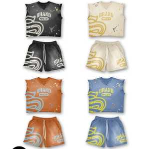 2025 High Quality Men's Casual <b>T</b>-Shirt Set with Breathable Acid Washed Cotton Shorts Customized Logo OEM Summer Set - Product Image 3