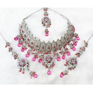 Silver Plated Alloy Necklace Earring <b>Bracelet</b> <b>Set</b> Women Crystal Rhinestone Flower Design Ethnic Wedding Jewelry - Product Image 1