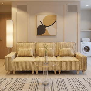 Divano Moderno a 3 Posti con Seduta Profonda in Velluto a Coste, Portabicchieri in Acciaio Inox Spazzolato e 3 Cuscini Decorativi per Soggiorno - Product Image 2