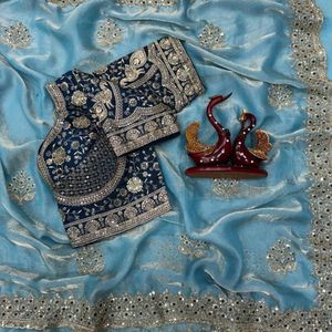Premium Designer <b>Satin</b> <b>Saree</b> with Rich Embroidery Sequence Work, Heavy Border, Butta Design & Ready Blouse - Product Image 3