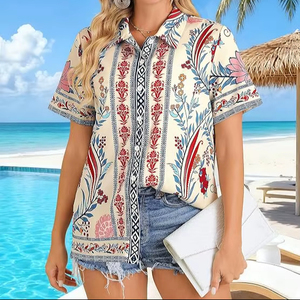 Camisa de mujer con estampado floral tropical de moda, cuello en V, manga corta, abotonada, informal, para la playa - Product Image 1
