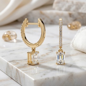 1.20 CTW <b>Emerald</b> and Round Cut Diamond Huggie Drop <b>Earrings</b> - Product Image 2