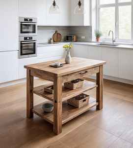 โต๊ะครัวไม้เนื้อแข็งพรีเมียมพร้อมลิ้นชักเก็บของและชั้นวางแบบเปิดสองชั้น สไตล์ฟาร์มเฮาส์ แข็งแรงทนทาน ตกแต่งห้องครัว - Product Image 1