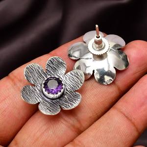 ต่างหูดอกไม้ทำมือจากอเมทิสต์ เงินแท้ 925 เครื่องประดับพลอยธรรมชาติ หินสีม่วง ต่างหูสำหรับผู้หญิง ของขวัญ - Product Image 4