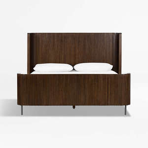 Cama de Madera con Panel Tambour de Estilo Moderno de Mediados de Siglo |   Base de Cama Curva con Patas de Metal - Product Image 4