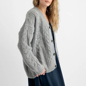 Cardigan gris en maille pour femme, col en V, manches longues, décontracté, automne, fermeture boutonnée, motif uni, longueur standard - Product Image 5