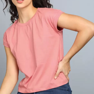 Camiseta de algodón rosa para mujer, cuello redondo, manga corta, a cuadros, informal, corte regular, tela jersey transpirable, con cremallera, botones y diamantes - Product Image 1